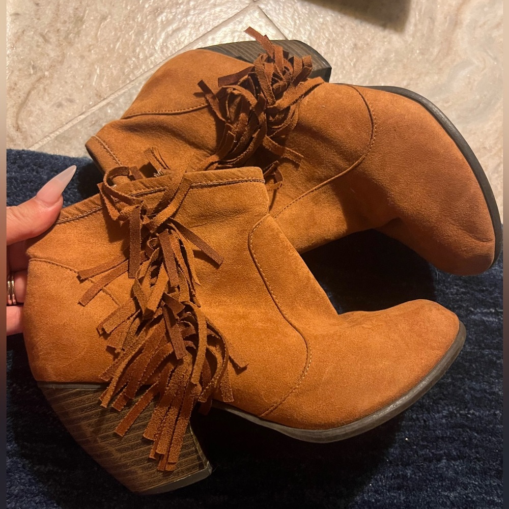 Brown Faux Suede Fringe Ankle Boots